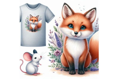 Cute fox T-shirt graphics, watercolor fox and mouse illustration