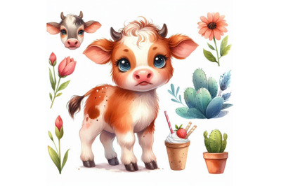 Cute little calf JPEG, PNG. funny cow watercolor illustration. cartoo