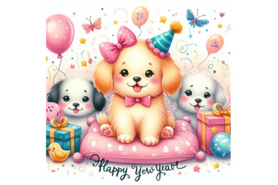 Dog year greeting card. cute cartoon puppy watercolor