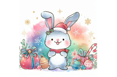 Funny bunny and Christmas watercolor background Ne