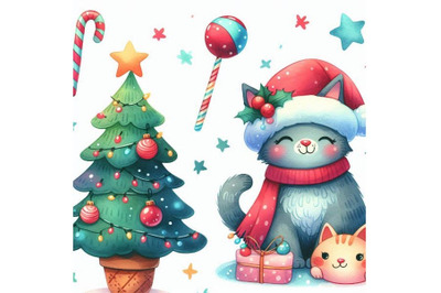 Funny Christmas cat and Christmas tree. illustration for