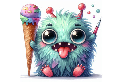 Cute monster watercolor illustration. Fluffy Monster. Cartoon cute