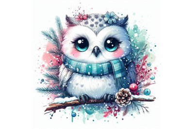 Cute owl T-shirt graphics, snowy owl illustration with splash wa