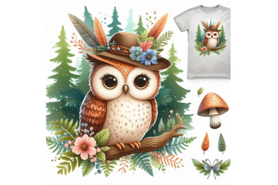 Cute owl T-shirt graphics, watercolor forest owl illustration