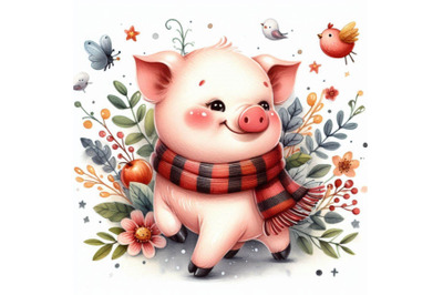 Cute pig hand drawn watercolor illustration