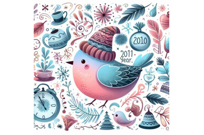 New year background with winter elements and cute bi