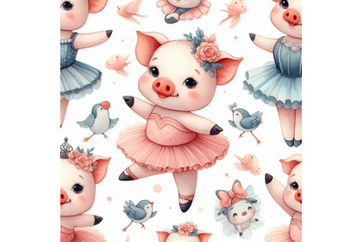 Cute pig seamless pattern. watercolor ballet background