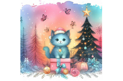 New Year Christmas tree and kitten watercolor backgro