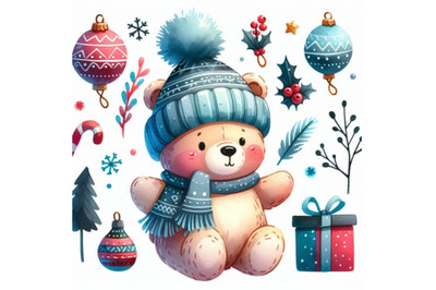 New Year funny toy bear with winter decoration. waterc