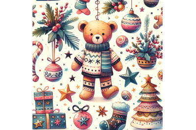 New Year toy bear.Christmas background. watercolor ill