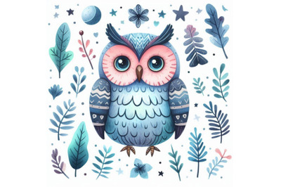 Owl. cute owl. watercolor forest bird. school illustration