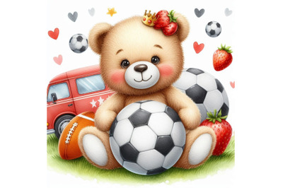 Cute teddy bear play in football watercolor pattern