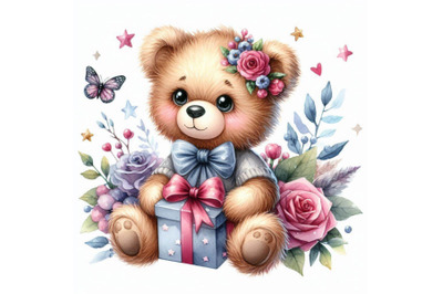 Cute teddy bear watercolor illustration