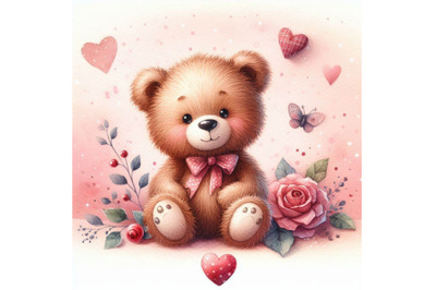 Cute teddy Bear. Background for greeting card. Watercolor bear illu