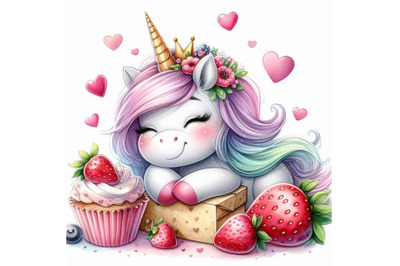 Cute unicorn watercolor illustration. love card