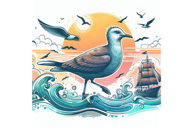 Sea bird seagull. Marine funny background. watercolor