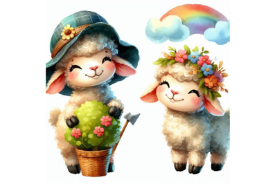 Cute watercolor cartoon lamb. farm animal illustration