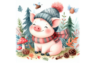 Cute watercolor cartoon pig. forest animal illustration