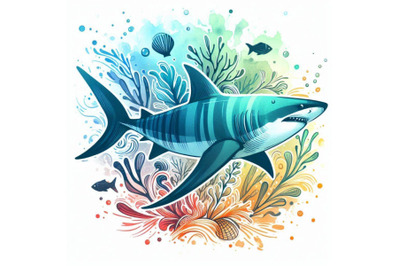 Shark. underwater life watercolor illustration. sea anima