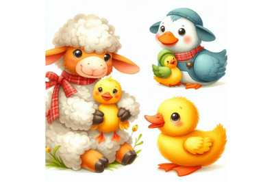 Cute watercolor cartoon sheep and duck. farm animals