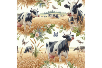 Dairy cow on the field seamless pattern