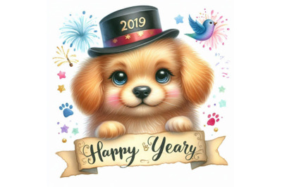 Dog year greeting card. cute cartoon puppy watercolor illustration