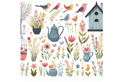 Spring flowers, garden decor, bird house, and birds. wafunny,animal,cu