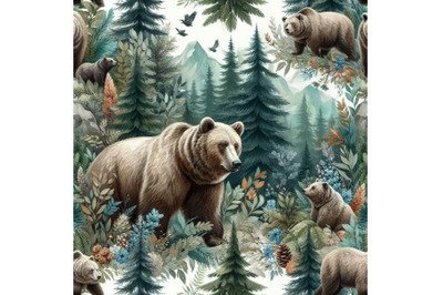 Forest seamless pattern. Wildlife pattern. Grizzly Bear. Abstract fore