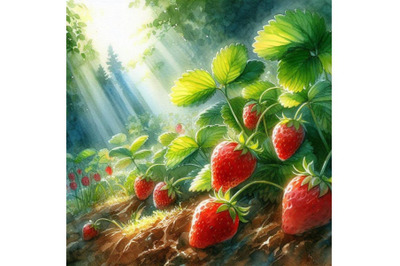 Forest strawberries watercolor illustration