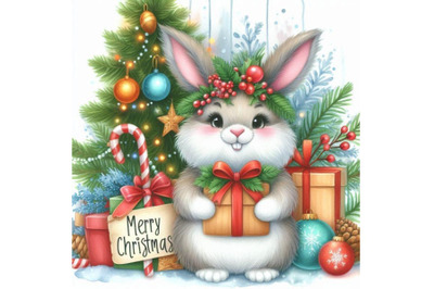 Funny bunny and Christmas watercolor background New year cute