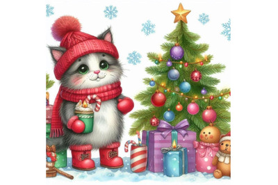 Funny Christmas cat and Christmas tree