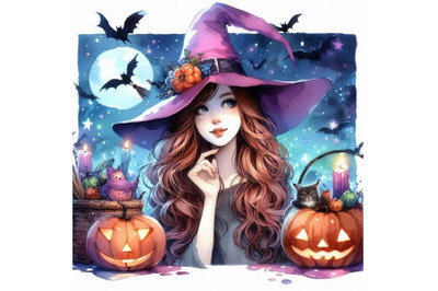 Girl witch Halloween holiday. Halloween festival watercolor Hand Pa