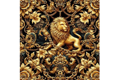 Gold chains damask seamless luxury design. golden Lions pattern