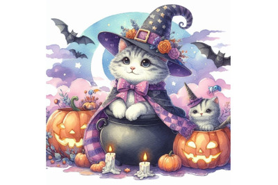 Halloween cat witch . Watercolor illustration background