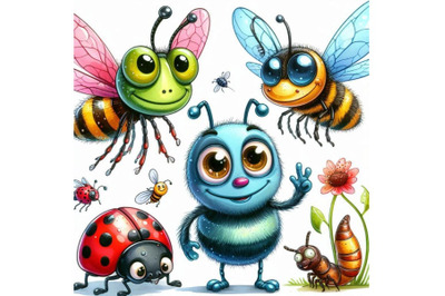 Funny insects . Watercolor Cartoon insect