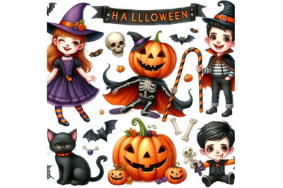 Halloween holiday banner, little girl witch, skeleton boy, black cat,