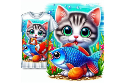 Funny kitten and fish T-shirt graphics