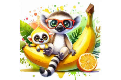 Funny lemur and banana with watercolor splash texture