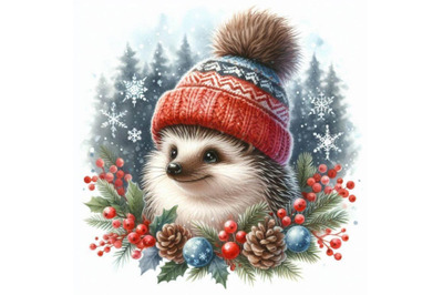 Hedgehog in a knitted hat with snowflake. watercolor winter wild fo