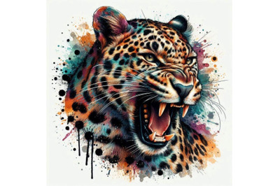 Leopard growls T-shirt graphics, leopard illustration with splash wa