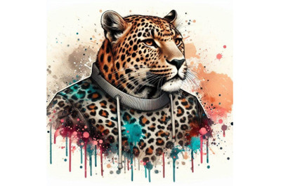 Leopard T-shirt graphics. leopard illustration with splash watercolo