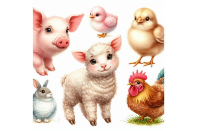 Lamb. cute pig. chiken. rabbit. watercolor farms animal