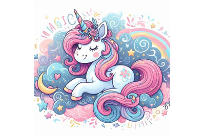 Lovely unicorn in cartoon style. Magic, lettering