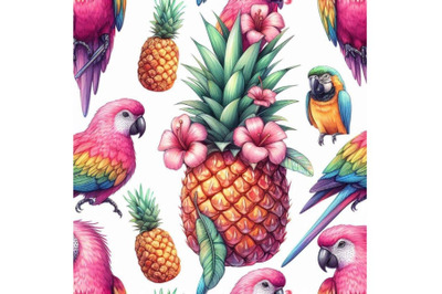 Pink pineapple, parrot hand drawn watercolor seamless