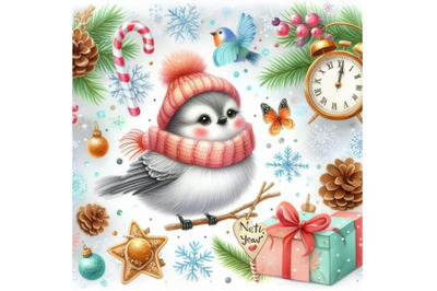 New year background with winter elements and cute bird. watercol