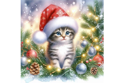 New Year Christmas tree and kitten watercolor background