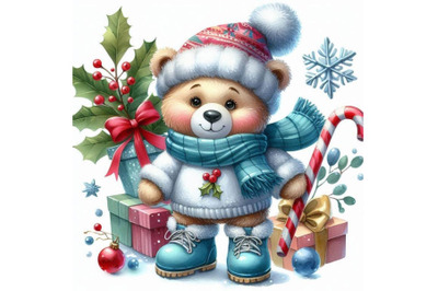 New Year funny toy bear with winter decoration. watercolor