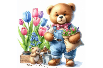 Teddy bear sells seeds of garden flowers. watercolor