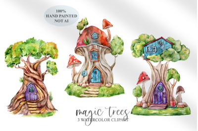 Watercolor cute tree and mushroom houses clipart - 3 png