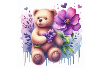 Toy Teddy bear and flower violet. watercolor illustration